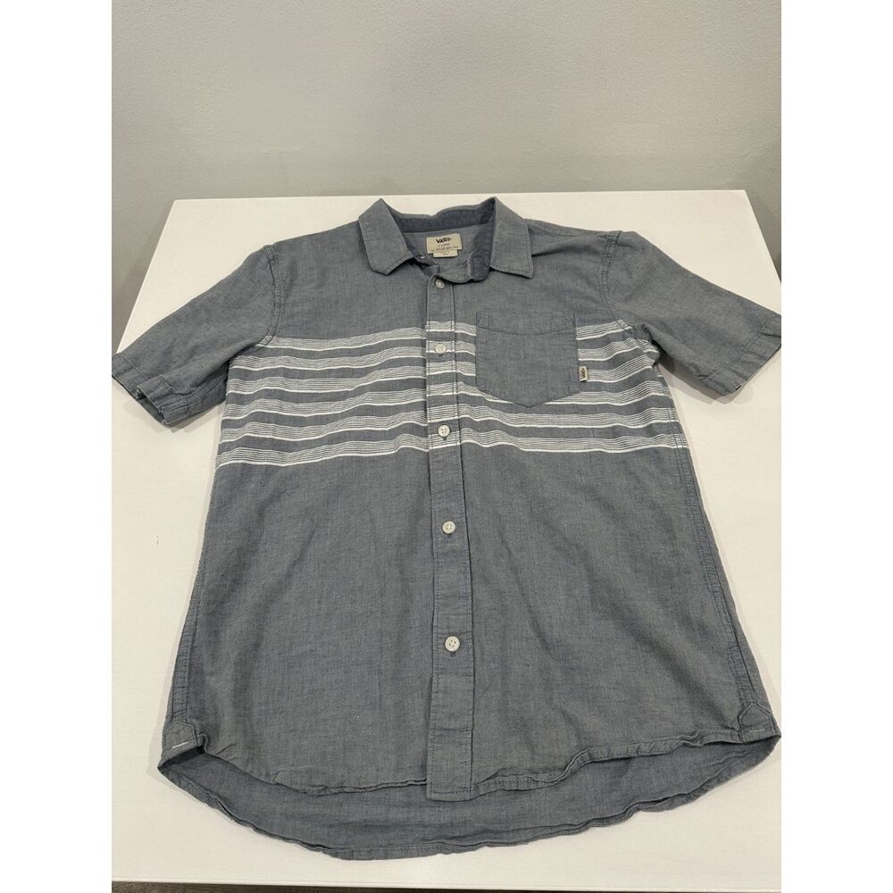 Vans Boys Youth Blue Gray Striped Short Sleeve Button Up Shirt